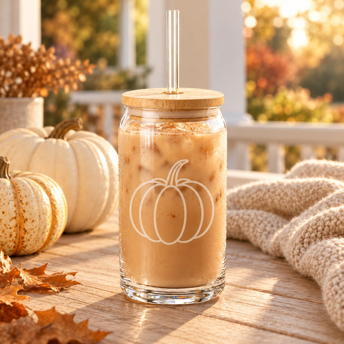 Pumpkin engraved glass cup with bamboo lid with an iced latte beside pumpkins