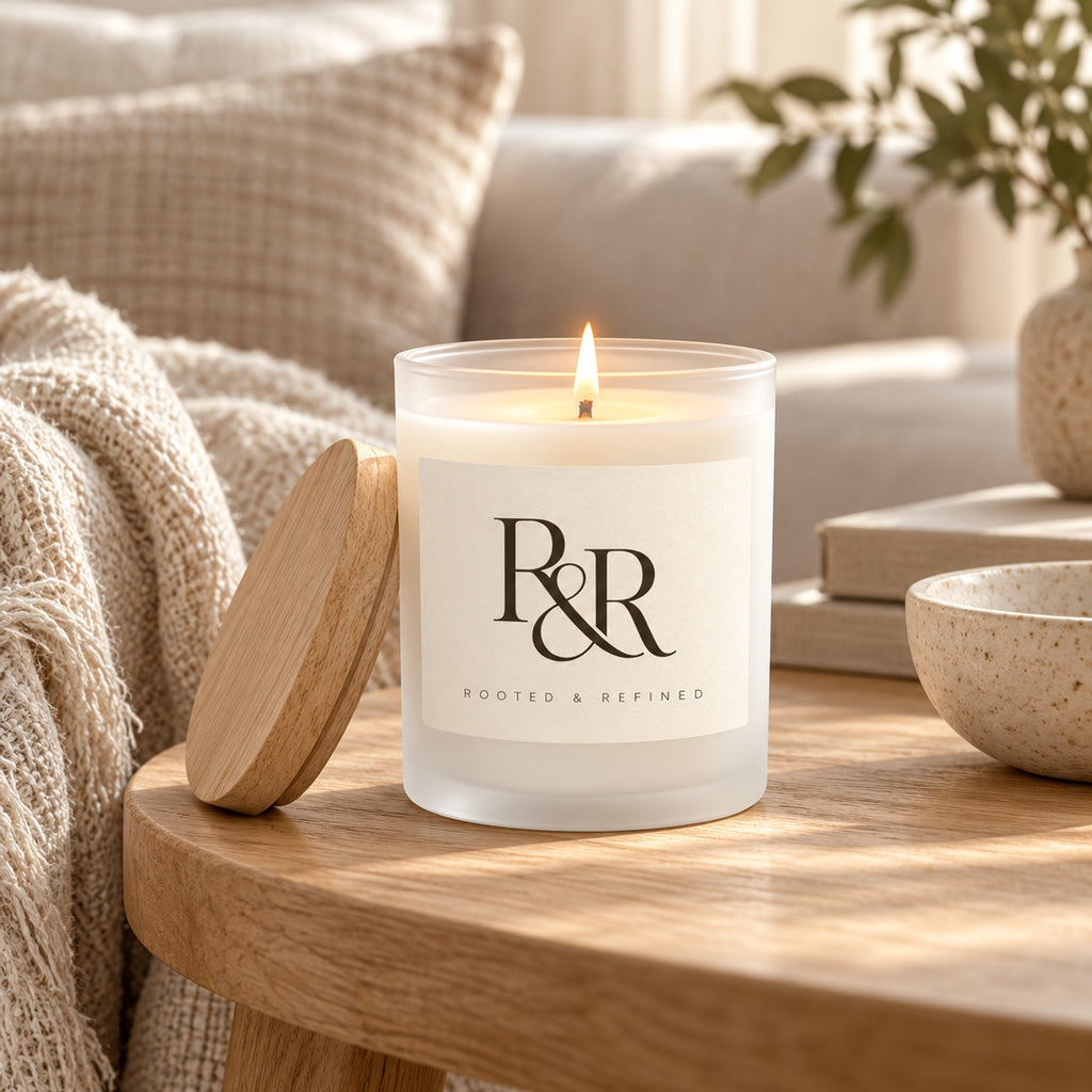 R&R monogram frosted glass candle lit in a cozy neutral living room
