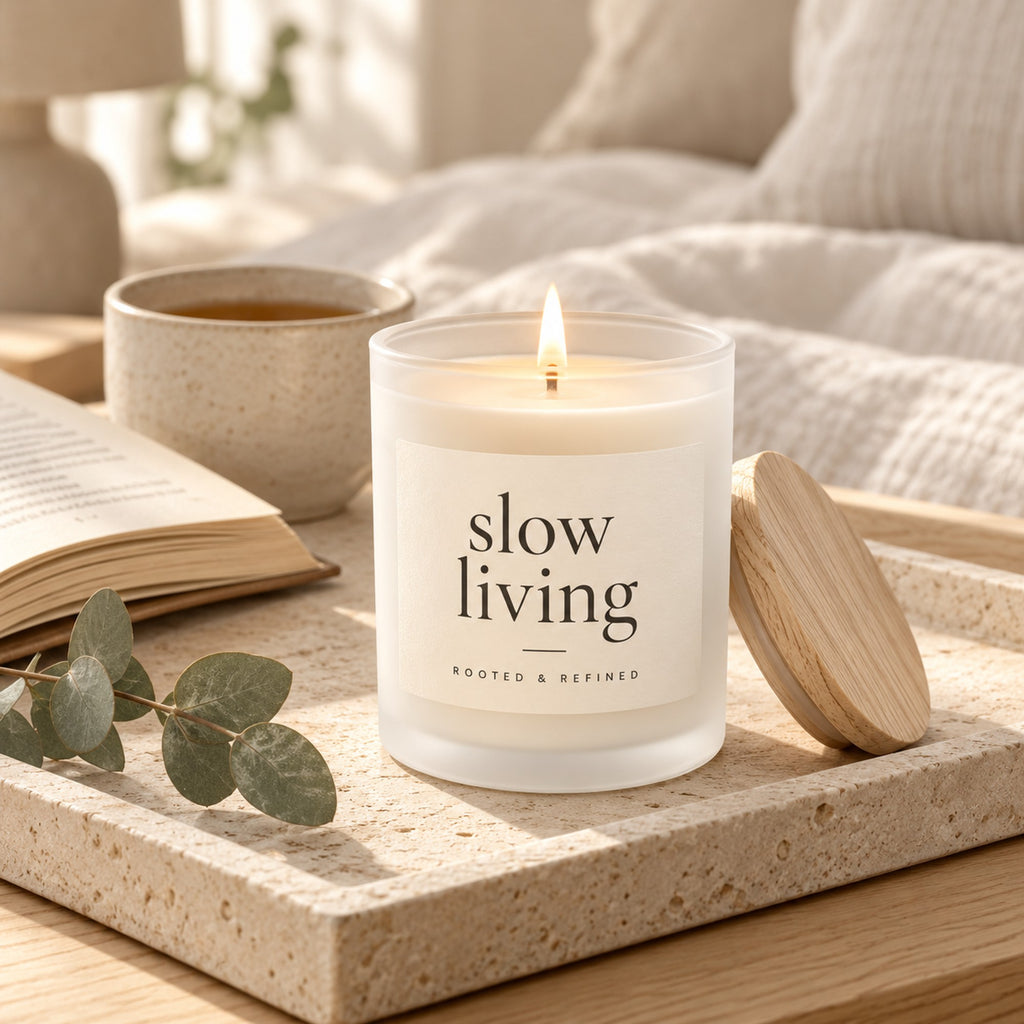 Slow living frosted glass candle lit on a tray with an open book and coffee
