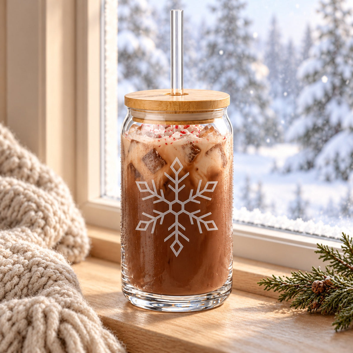 Snowflake engraved glass cup with bamboo lid with iced coffee by a snowy window
