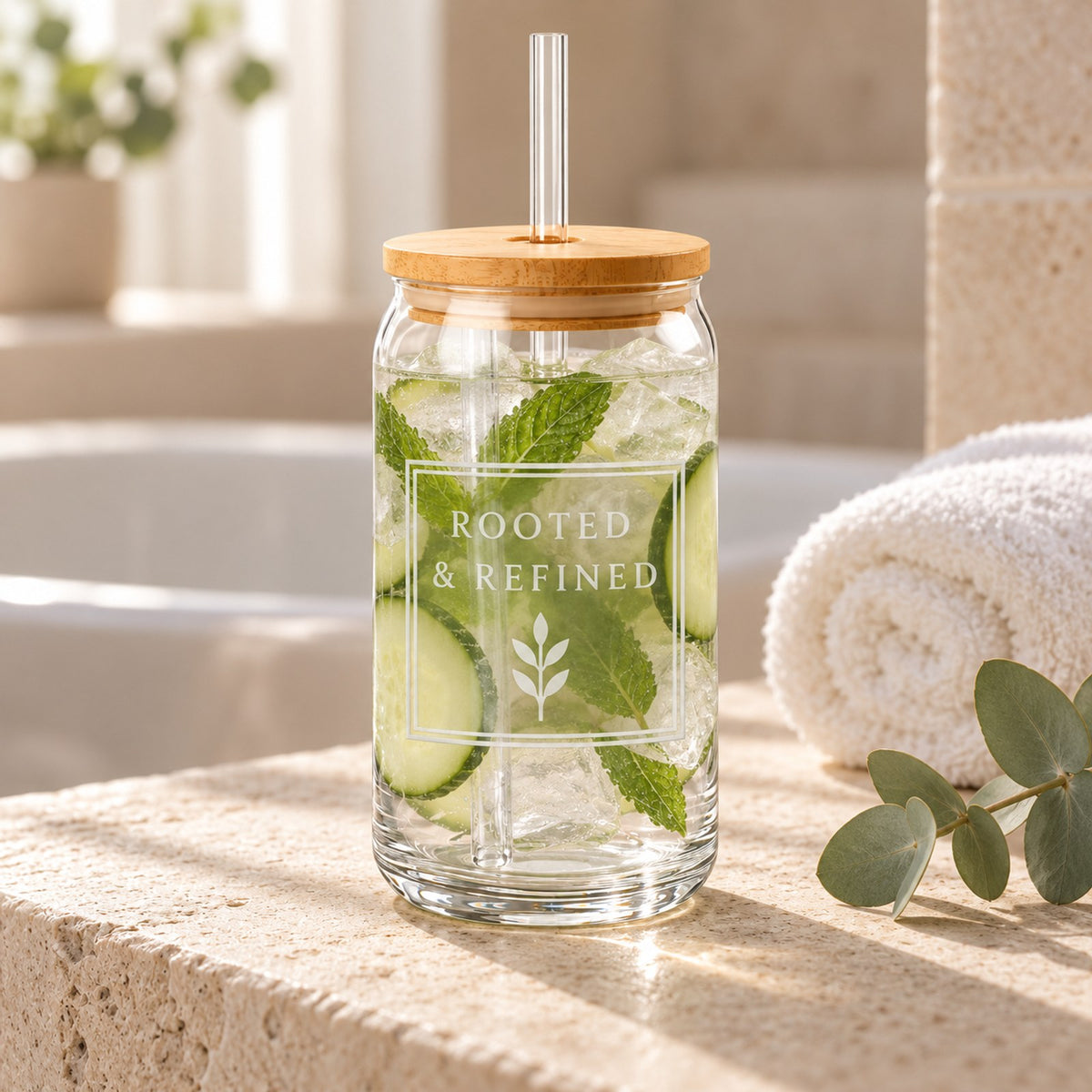Rooted & Refined signature label engraved glass cup with bamboo lid filled with cucumber water