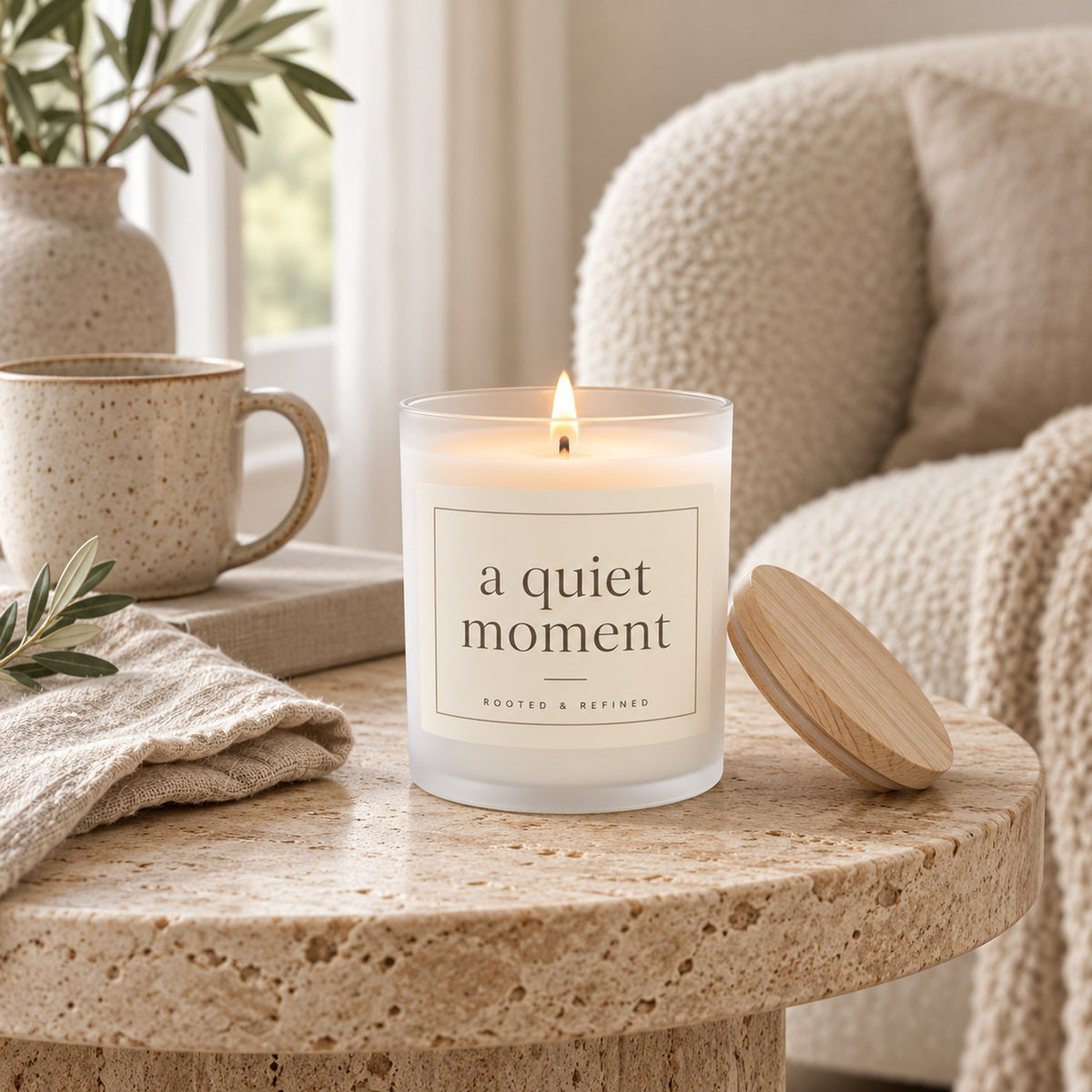 A quiet moment frosted glass candle with wooden lid lit on a stone side table