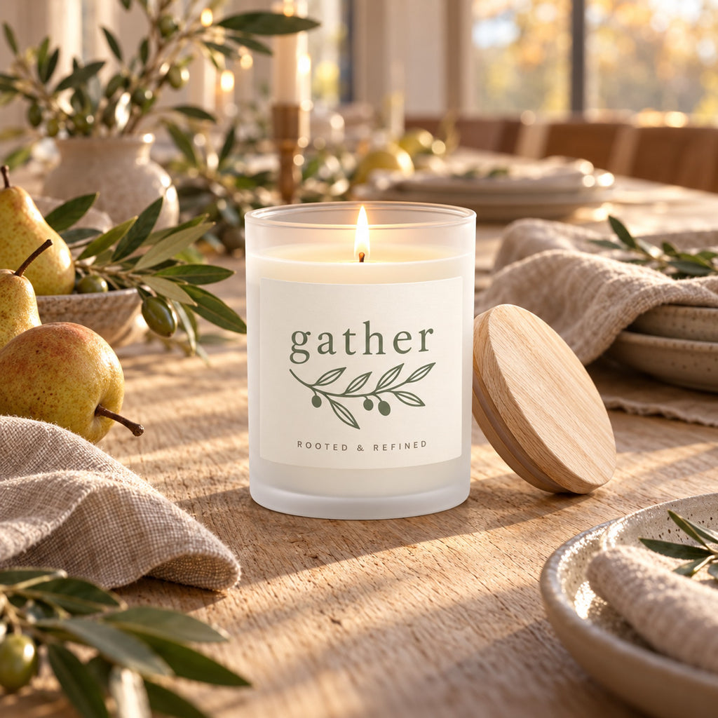 Gather olive sprig frosted glass candle lit on a linen-lined harvest table