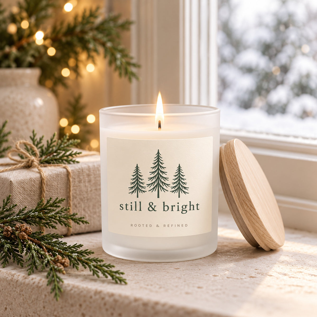 Still & bright evergreen tree frosted glass candle lit with evergreen sprigs by a winter window