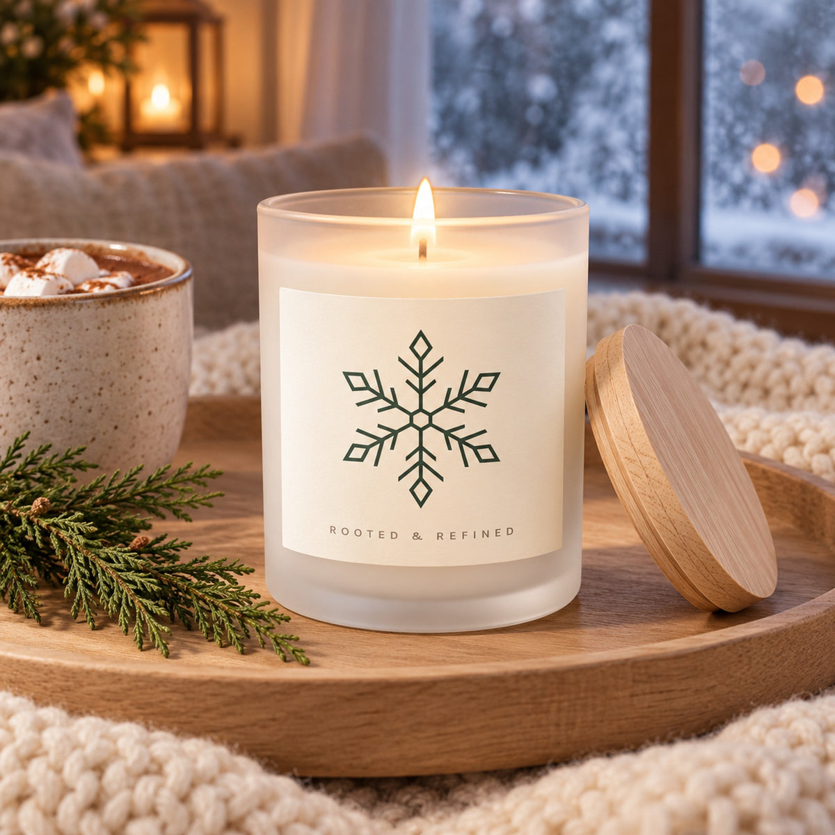 Snowflake frosted glass candle with wooden wick lit on a tray by a snowy window