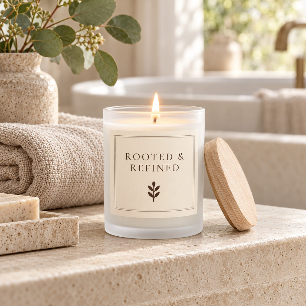 Rooted & Refined signature parchment label frosted glass candle lit in a bright living room