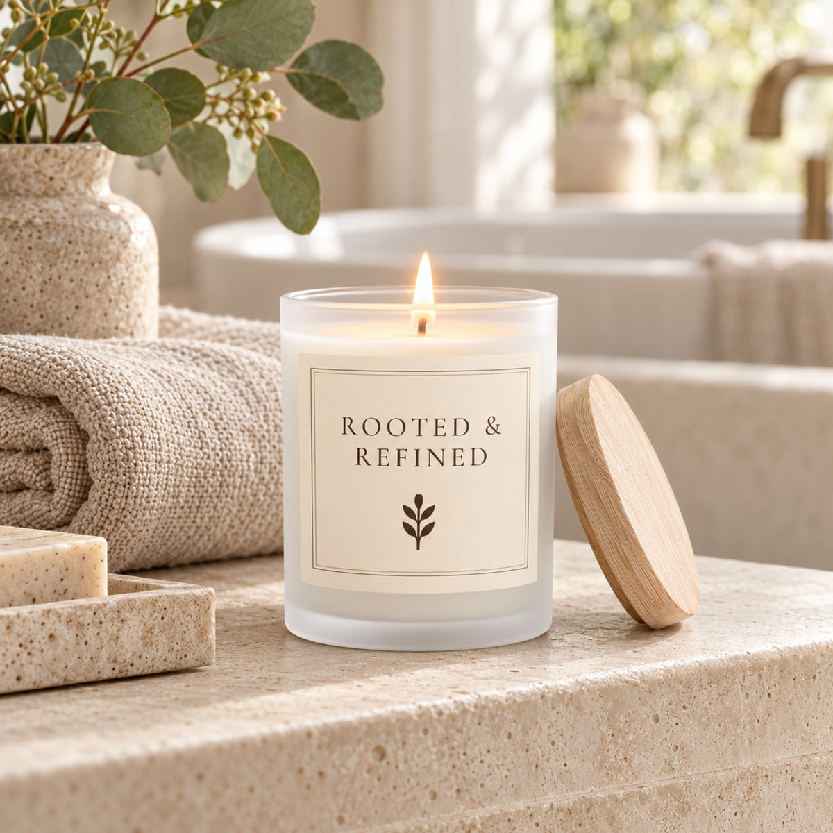 Rooted & Refined signature parchment label frosted glass candle lit in a bright living room