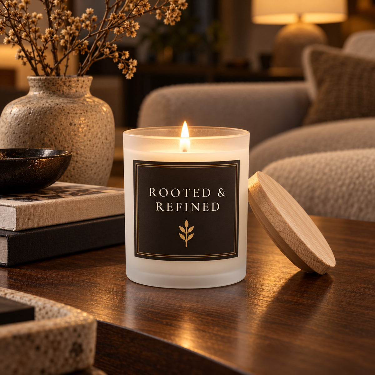 Rooted & Refined black label frosted glass candle lit in a dark, moody living room