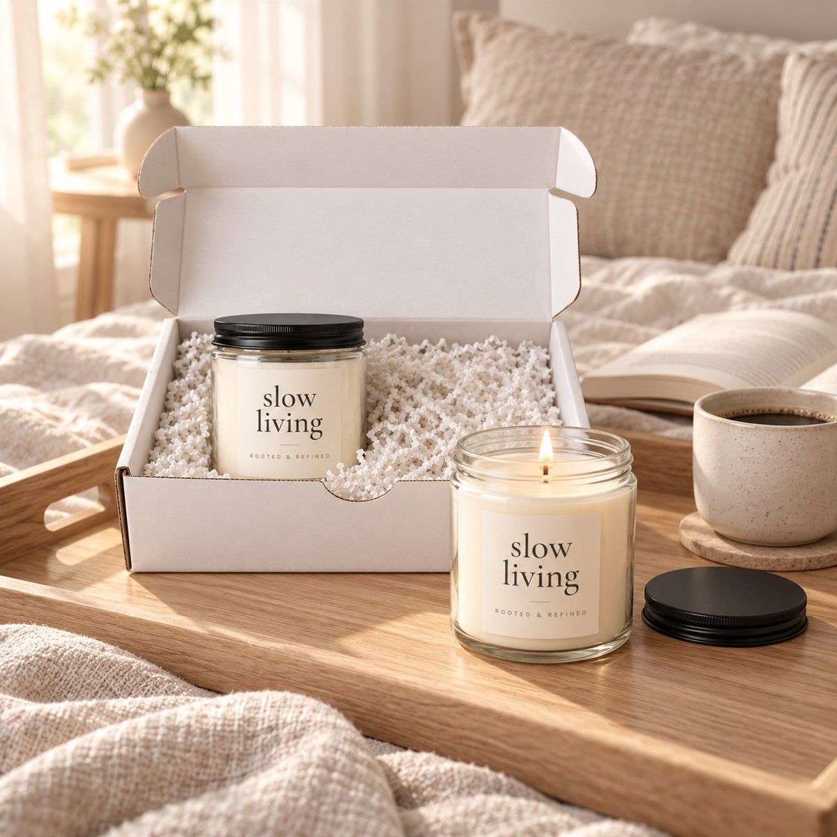 Slow living candle gift set: open gift box and a lit candle on a wooden tray in a cozy bedroom