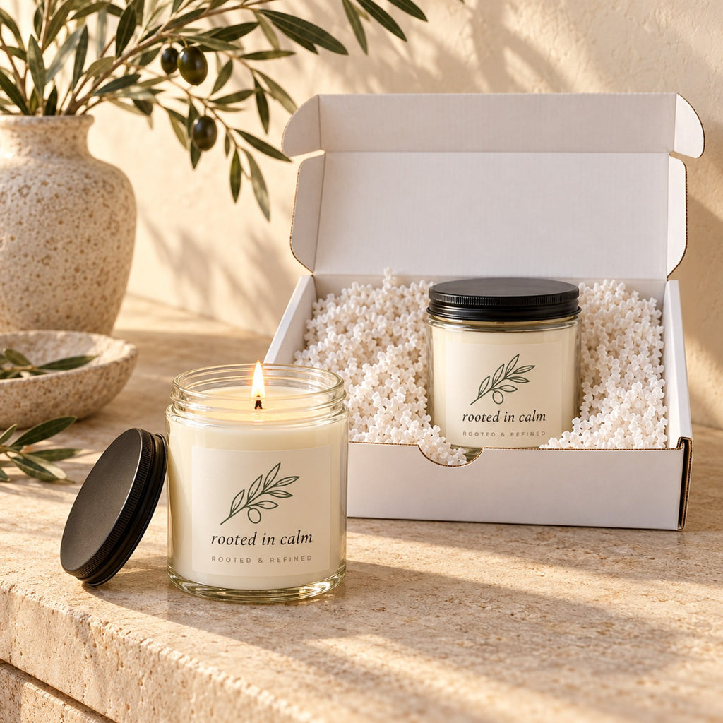 Rooted in calm olive branch candle gift set: open gift box and a lit candle in a soft neutral living room