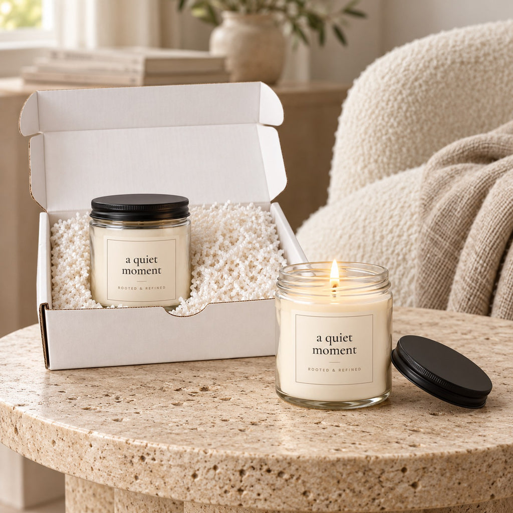 A quiet moment candle gift set: open gift box and a lit candle on a stone side table in a calm living room