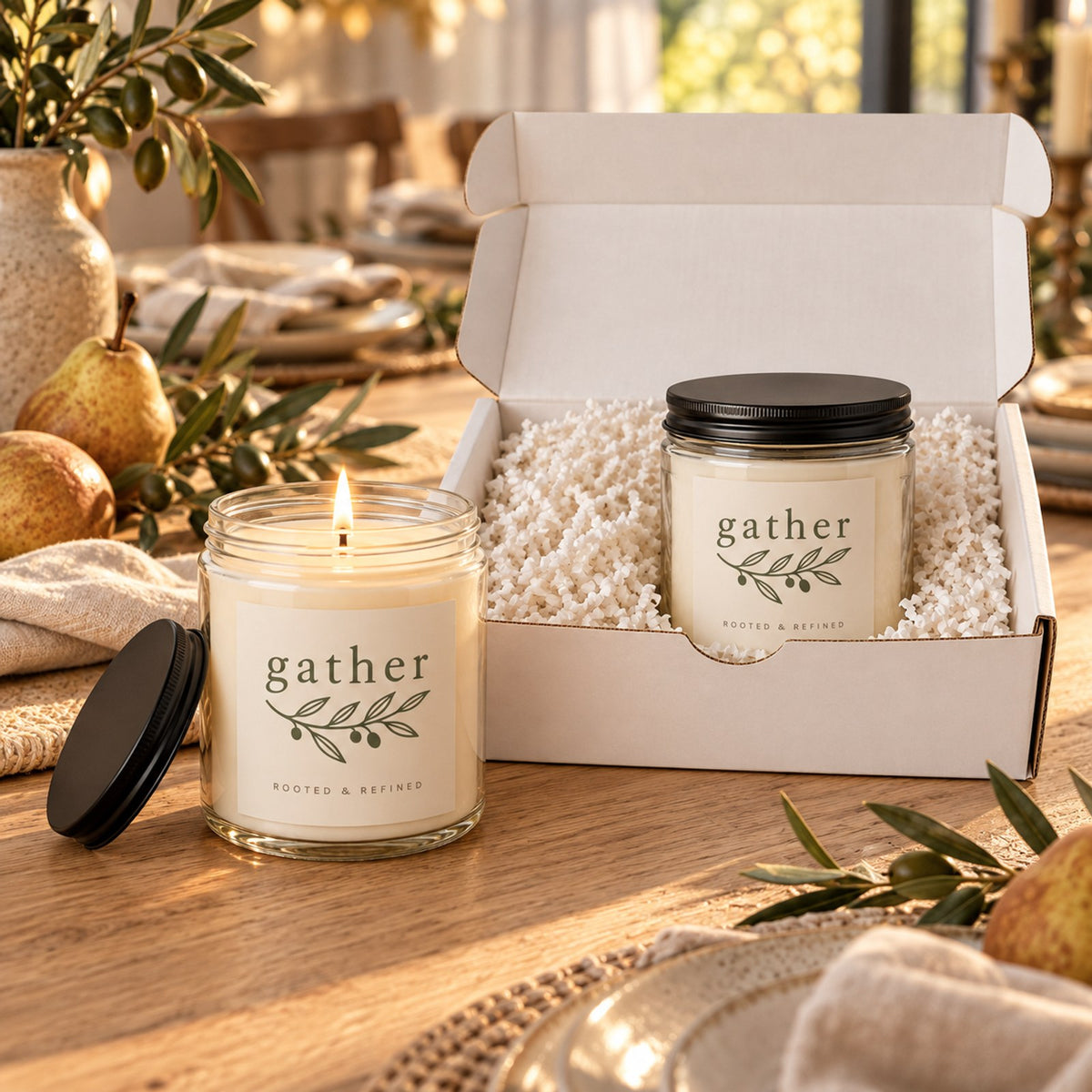 Gather olive sprig candle gift set: open gift box and a lit candle on a warm wood table