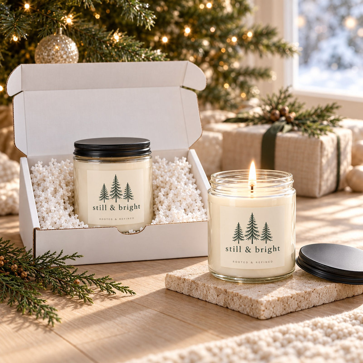 Still & bright evergreen tree candle gift set: open gift box and a lit candle with evergreen sprigs on a holiday table