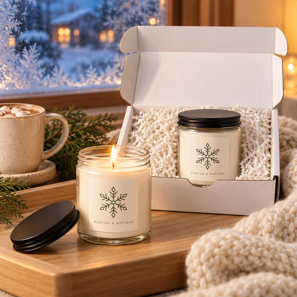 Snowflake candle gift set: open gift box and a lit candle by a snowy winter window