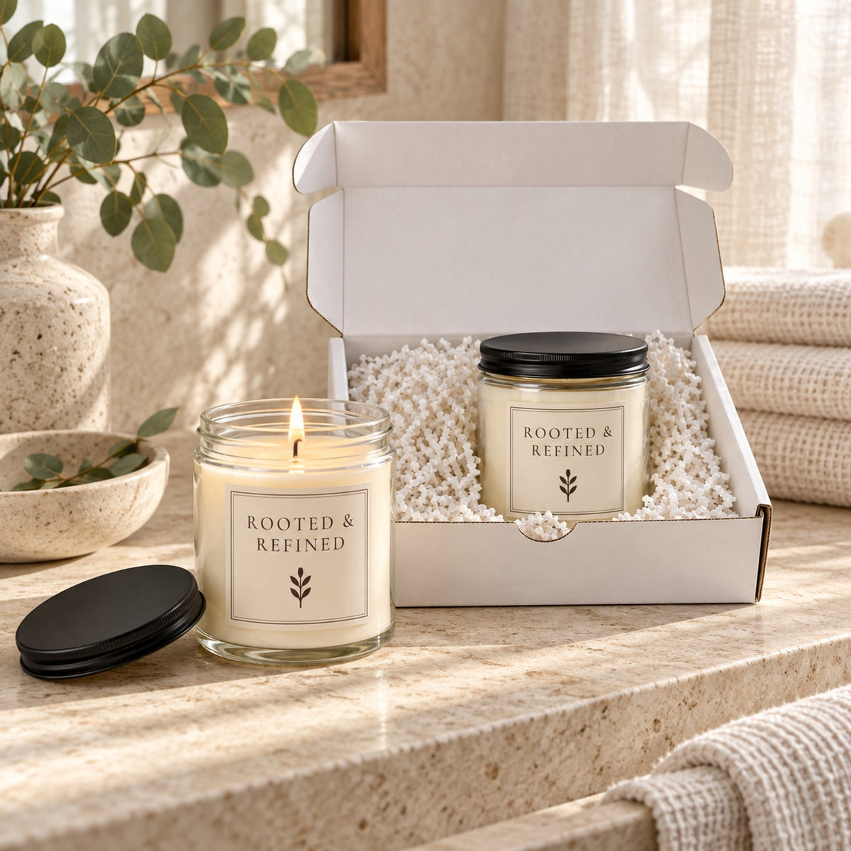 Signature parchment label candle gift set: open gift box and a lit candle on a bright kitchen counter