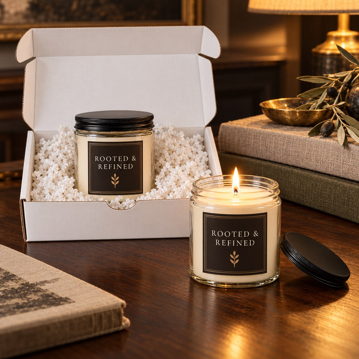 Black label candle gift set: open gift box with two 9 oz candles, one lit on a dark wood table