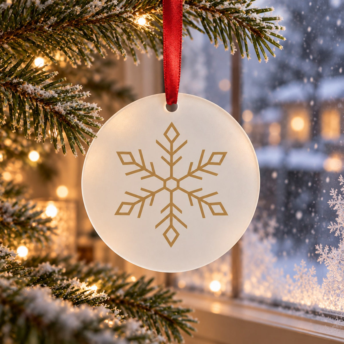 Frosted acrylic ornament with a champagne gold snowflake hanging on a frosted tree by a snowy window
