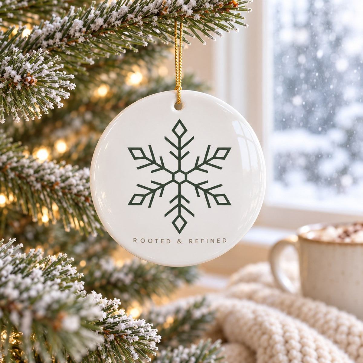 White ceramic ornament with a green geometric snowflake hanging on a frosted tree by a snowy window