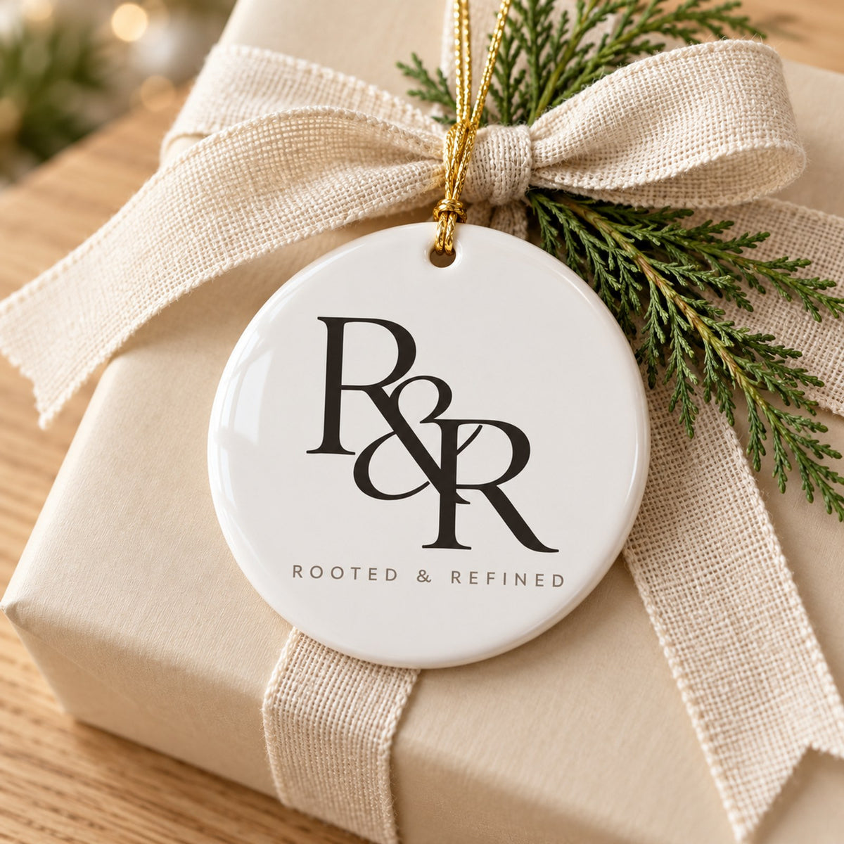 White ceramic ornament with a black R&R monogram on a cream gift wrapped with a linen bow and cedar