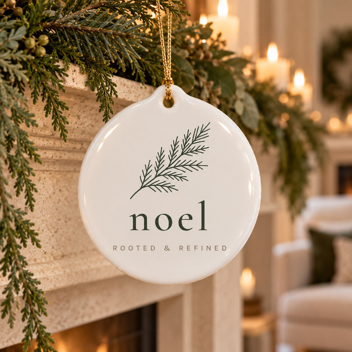 White ceramic ornament with a pine branch and noel hanging from garland on a candlelit mantel