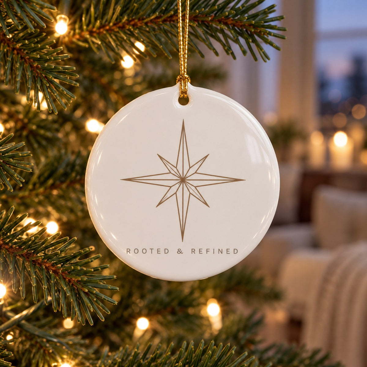 White ceramic ornament with a fine-line north star hanging on a lit Christmas tree in a cozy room