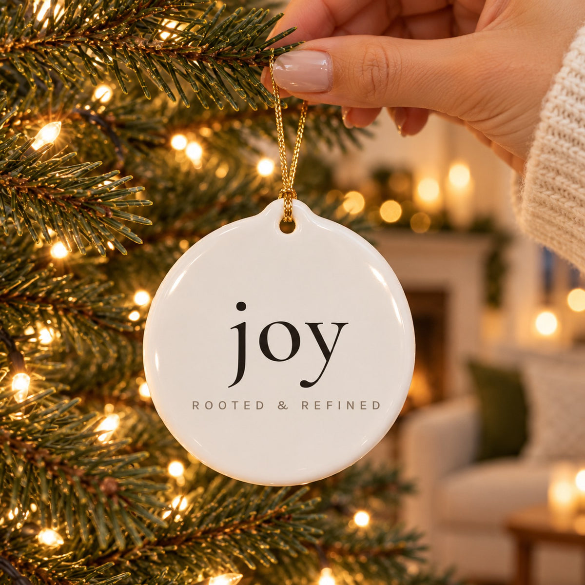 Hand hanging a white ceramic ornament printed with joy on a lit Christmas tree