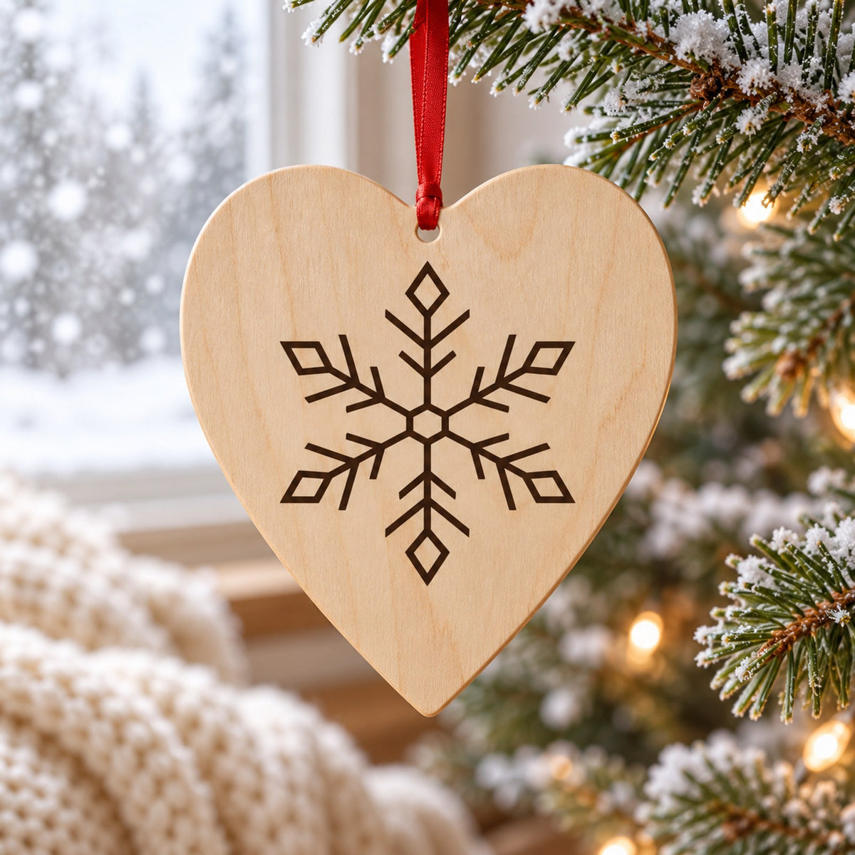 Wooden heart ornament with a geometric snowflake hanging on a red ribbon by a frosted tree and snowy window