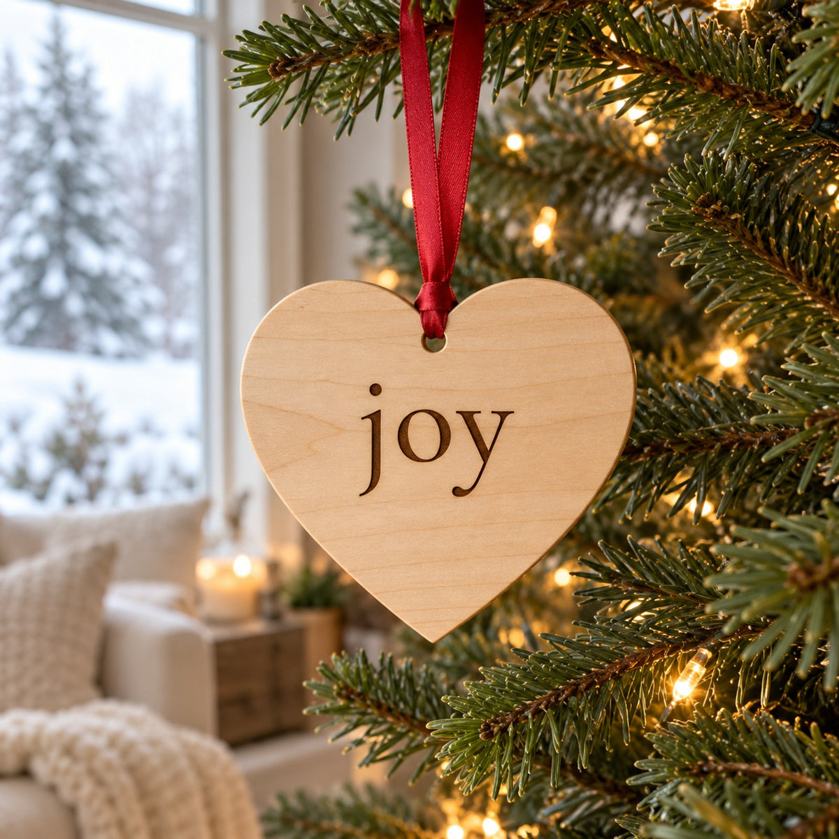 Wooden heart ornament printed with joy hanging on a red ribbon from a lit Christmas tree by a snowy window