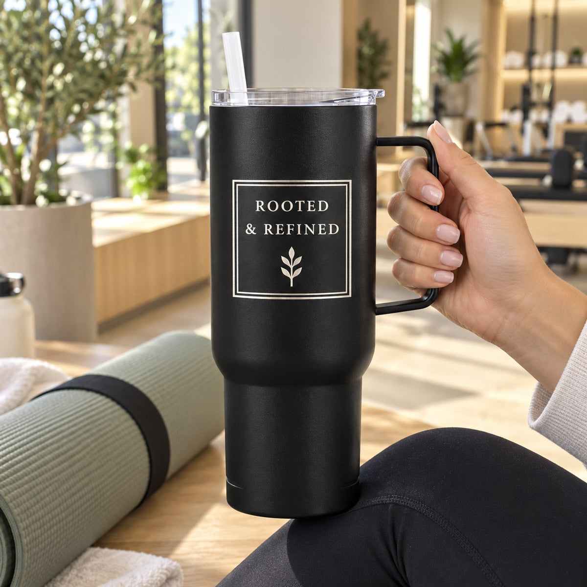Hand holding a black 40 oz tumbler engraved with the Rooted & Refined label in a bright studio with a yoga mat
