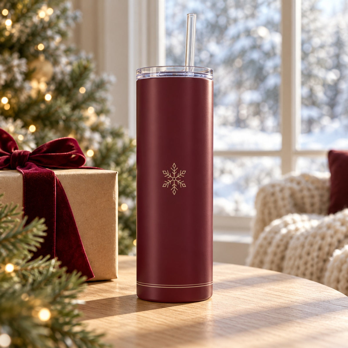 Bordeaux tumbler with a champagne snowflake on a sunny table beside a gift with a velvet bow and pine
