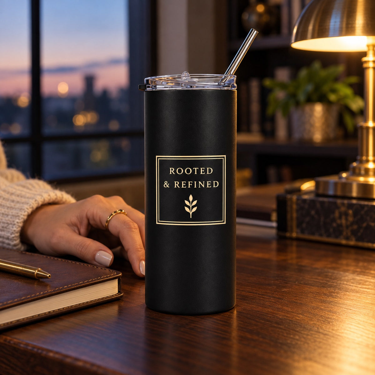 Matte black skinny tumbler with the gold Rooted & Refined label on a wooden desk with a leather journal at dusk
