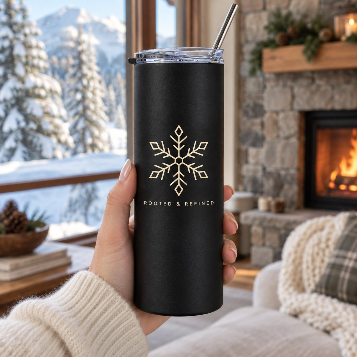 Hand holding a matte black skinny tumbler with a gold snowflake in a cozy living room by a fireplace