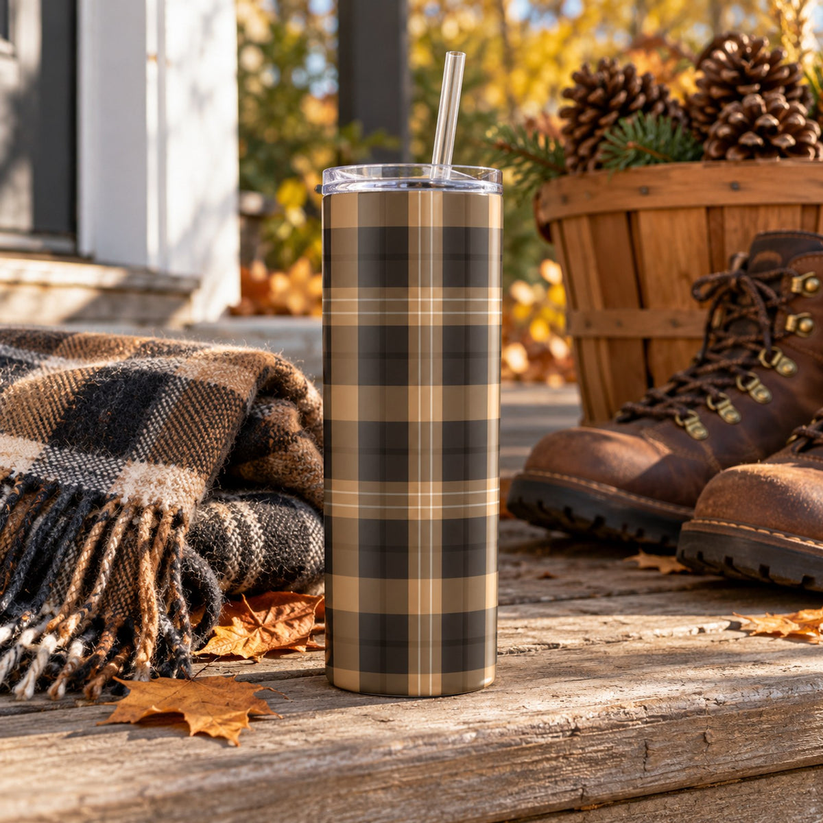 Camel and charcoal tartan tumbler on a wooden porch step with a plaid blanket, boots and pinecones