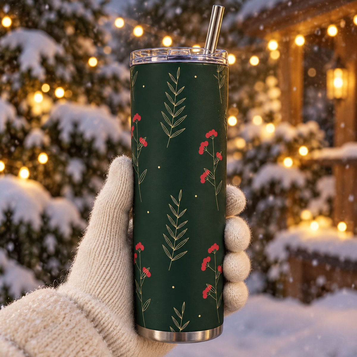 Gloved hand holding a forest green winter berry tumbler outdoors in the snow with twinkling lights