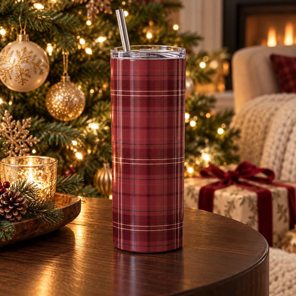 Cranberry tartan 20 oz tumbler on a round wood table beside a lit Christmas tree, candle and wrapped gift