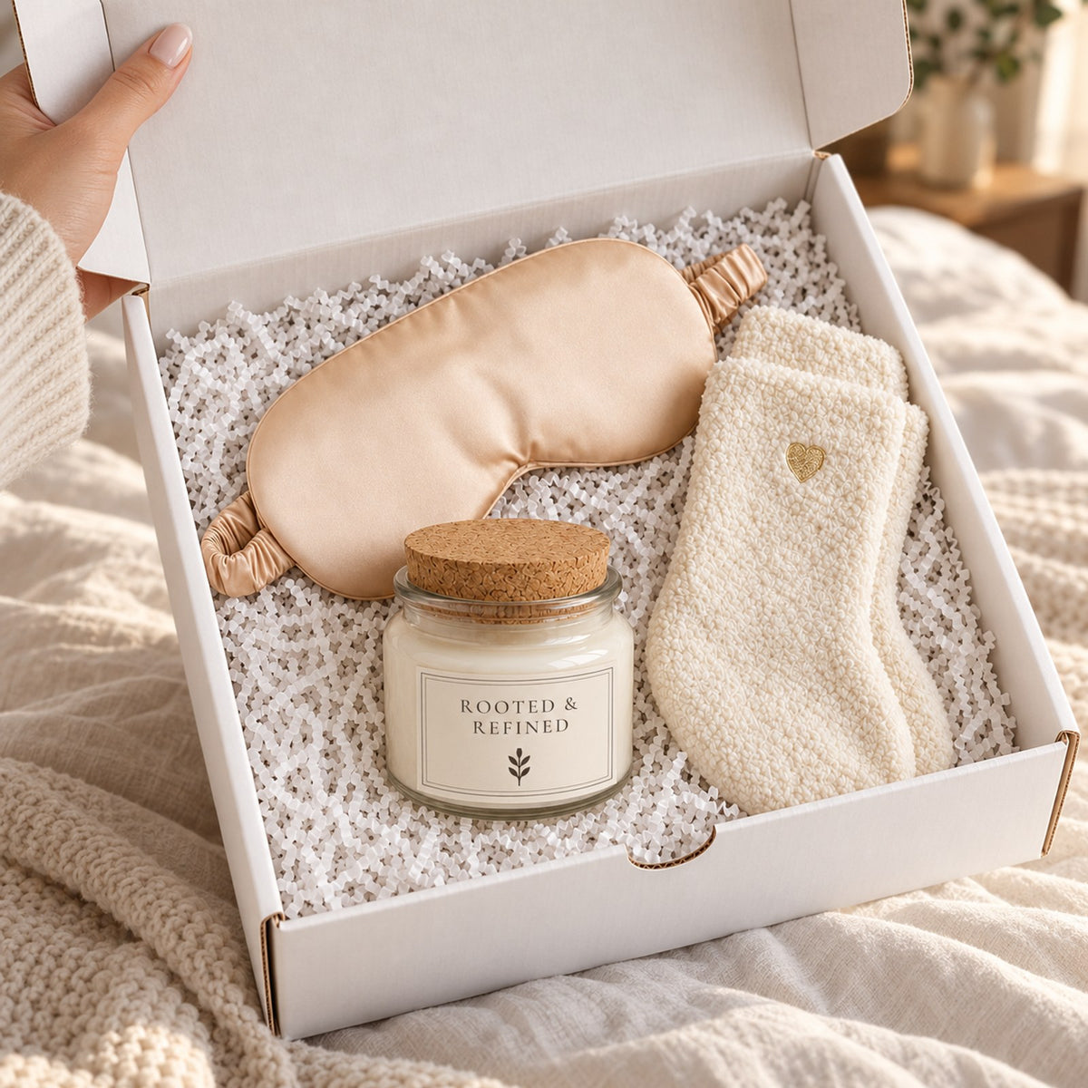 Open gift box with a champagne satin sleep mask, ivory lounge socks and a cork-lid candle with the cream Rooted & Refined label