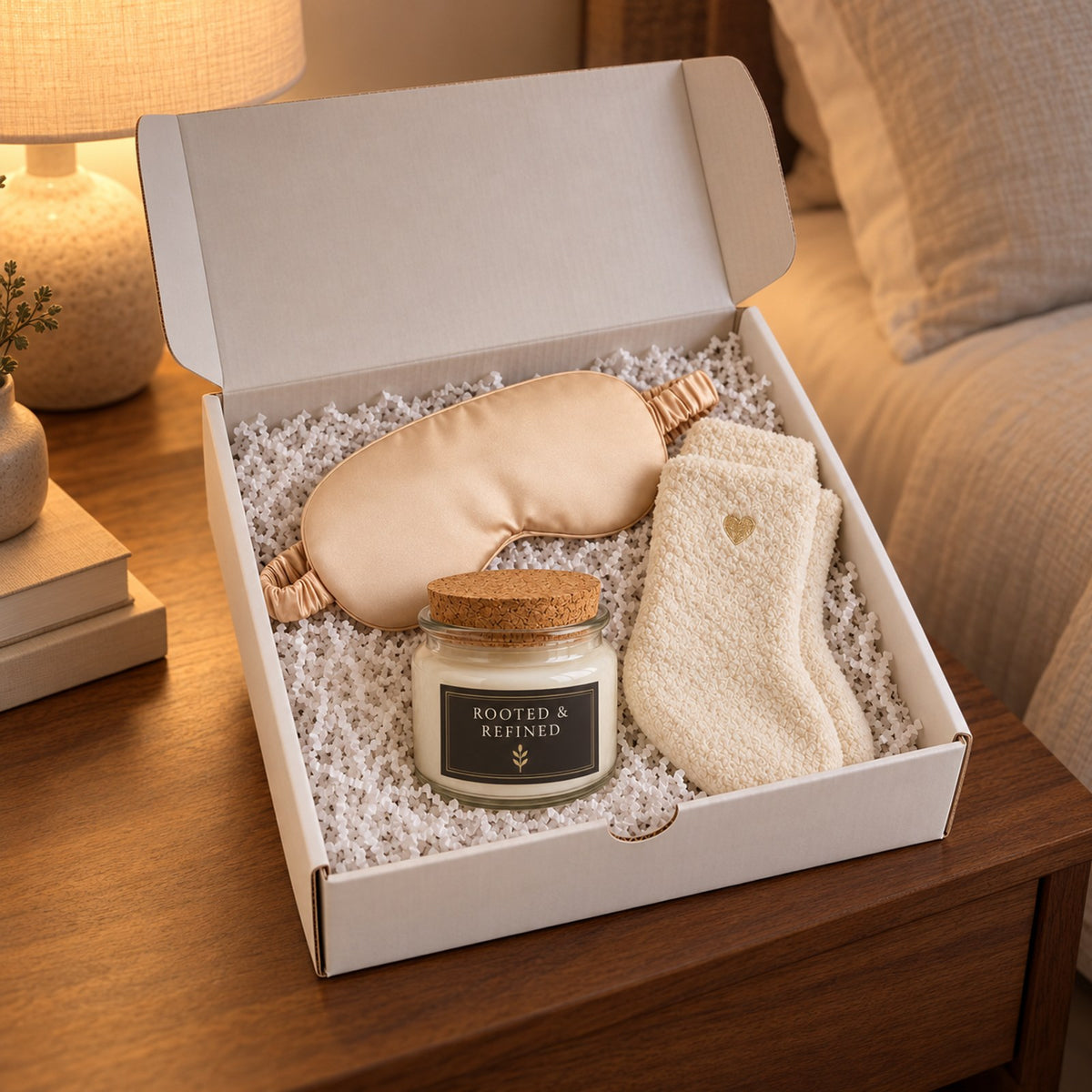Open gift box with a champagne satin sleep mask, ivory lounge socks and a cork-lid candle with the dark espresso Rooted & Refined label