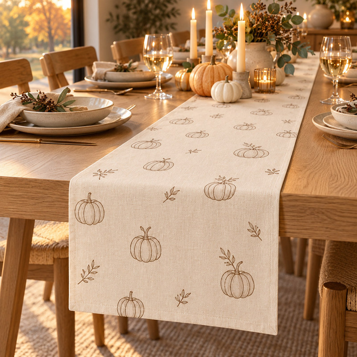 Cream table runner with small line-drawn pumpkins on a candlelit autumn table set for Thanksgiving