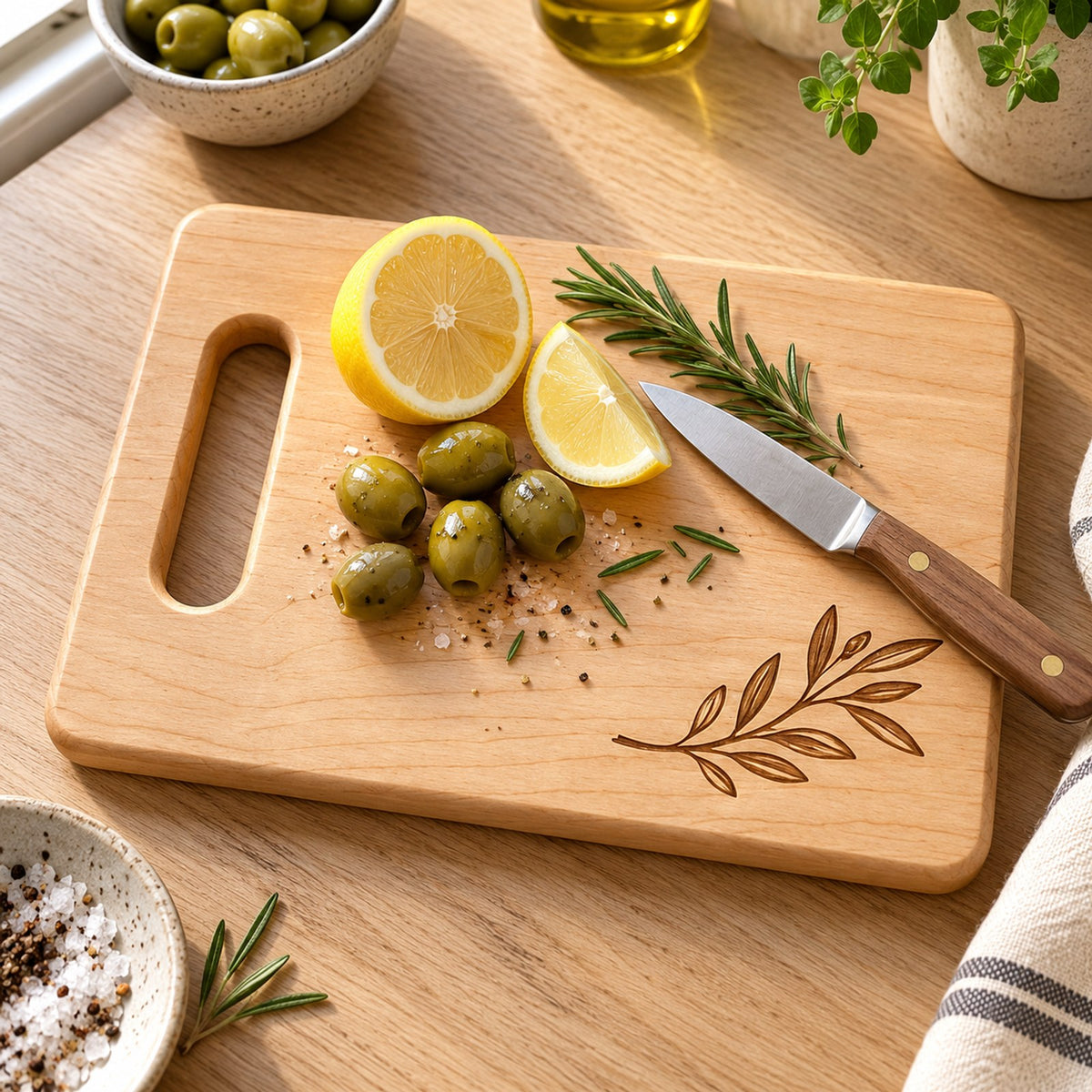 Maple cutting board engraved with an olive branch, with lemon, green olives and rosemary on an oak counter