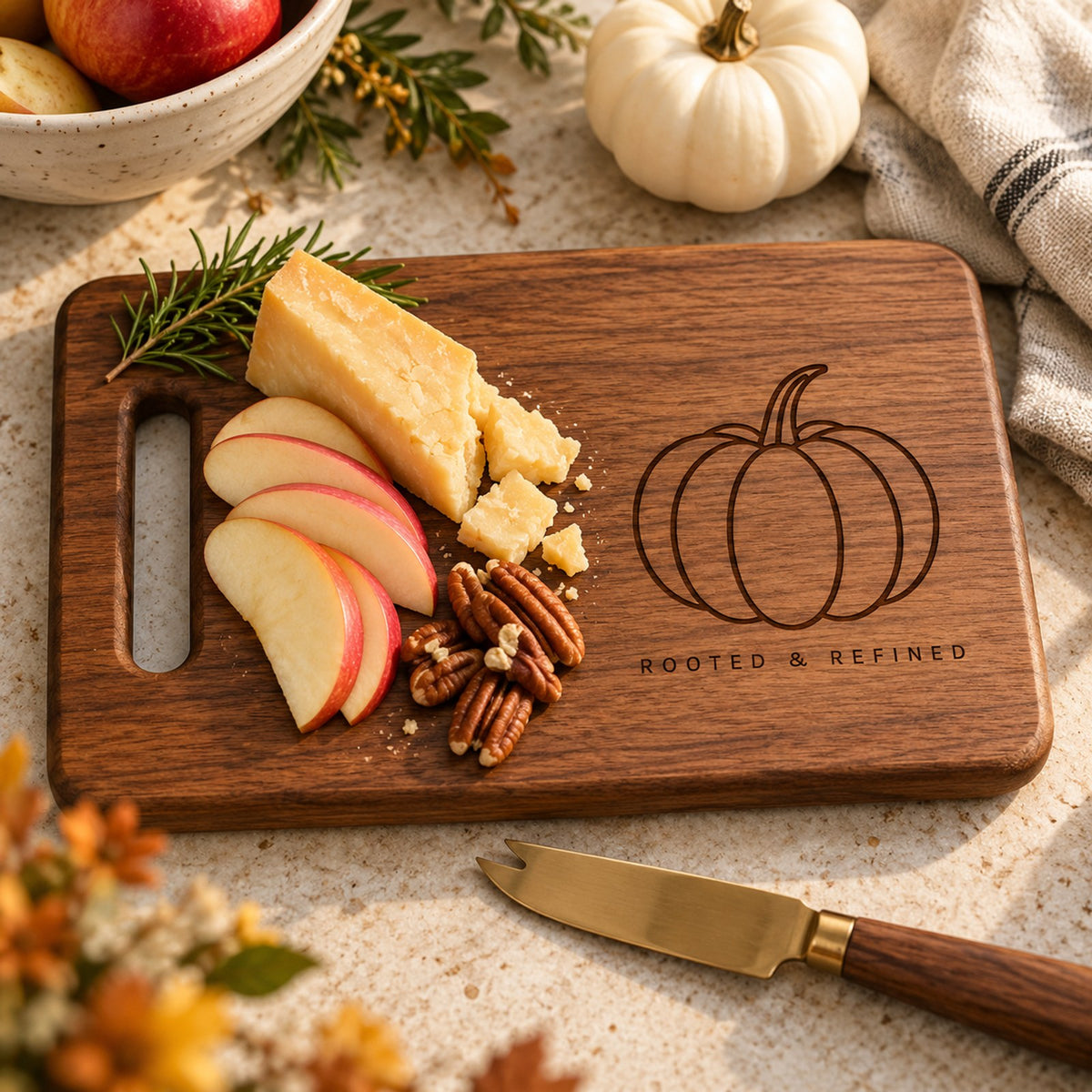 Walnut cutting board engraved with a pumpkin, with aged cheddar, apple slices and pecans on a fall counter