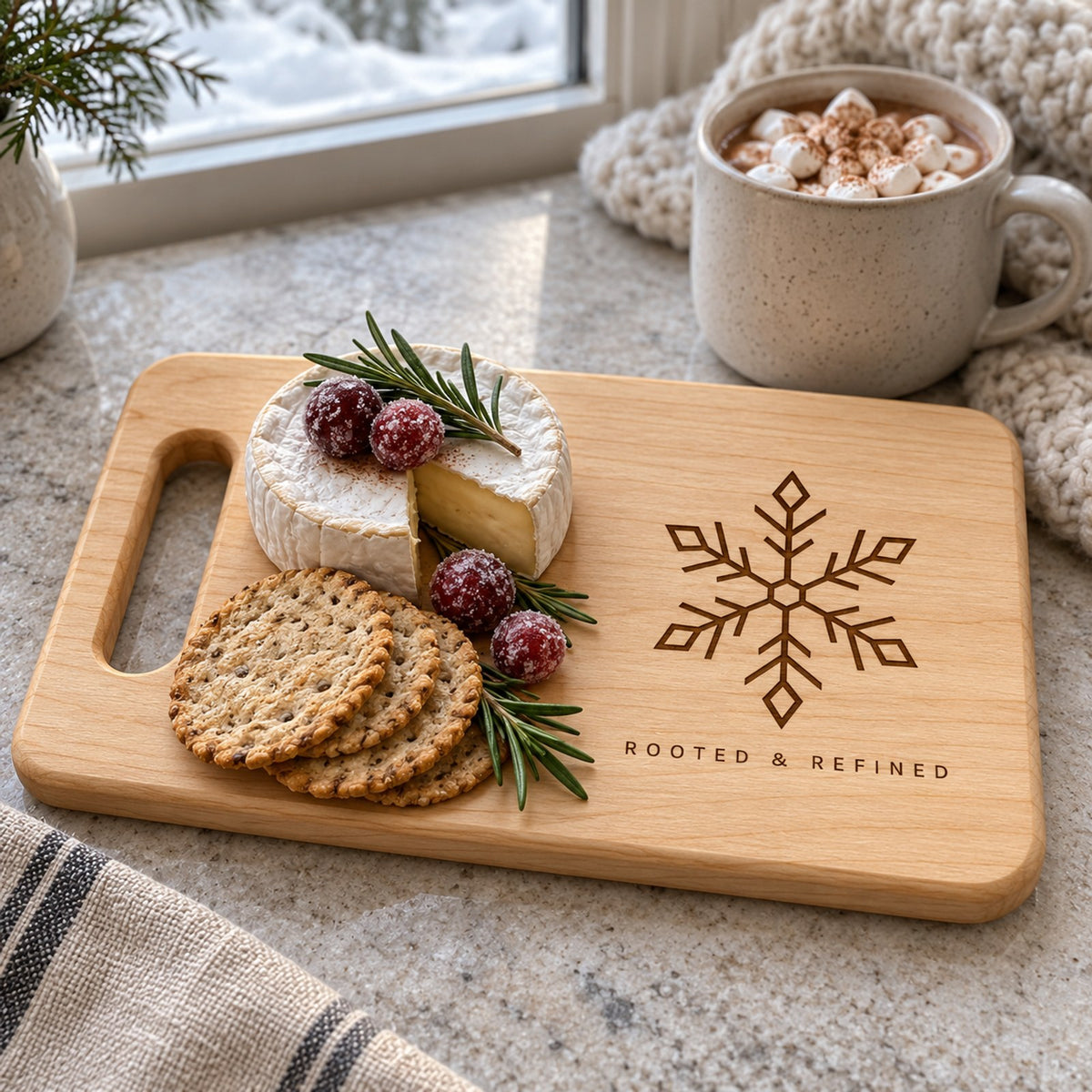 Maple cutting board engraved with a snowflake, with brie, sugared cranberries and crackers by a snowy window