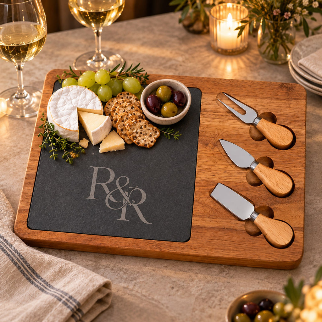 Acacia and slate charcuterie board engraved with an R&R monogram, with brie, grapes, olives and three cheese knives
