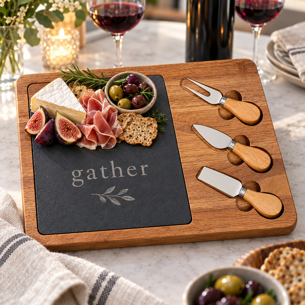 Acacia and slate charcuterie board engraved with gather, with figs, prosciutto, brie and three cheese knives