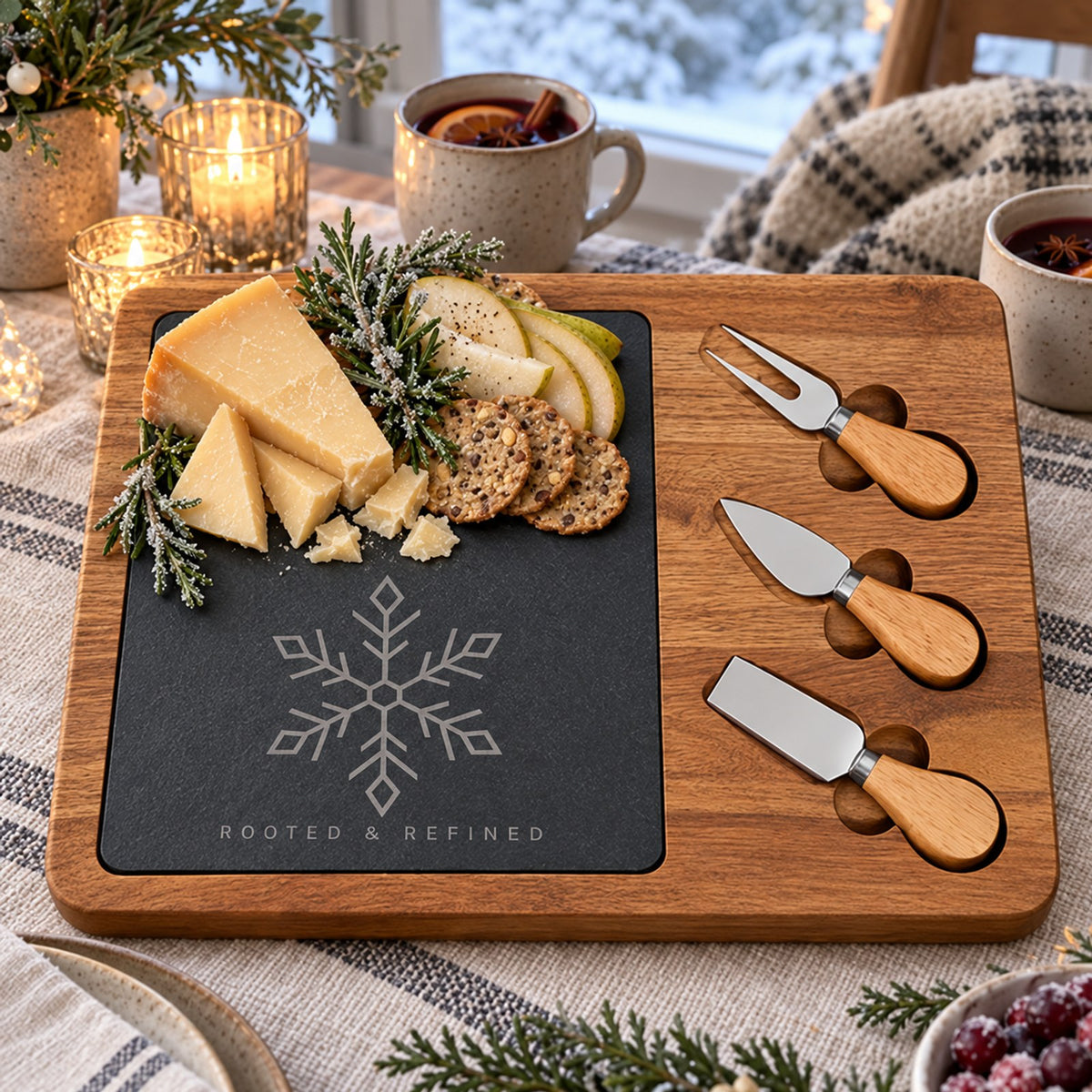 Acacia and slate charcuterie board engraved with a snowflake, with aged cheese and mulled wine by a snowy window