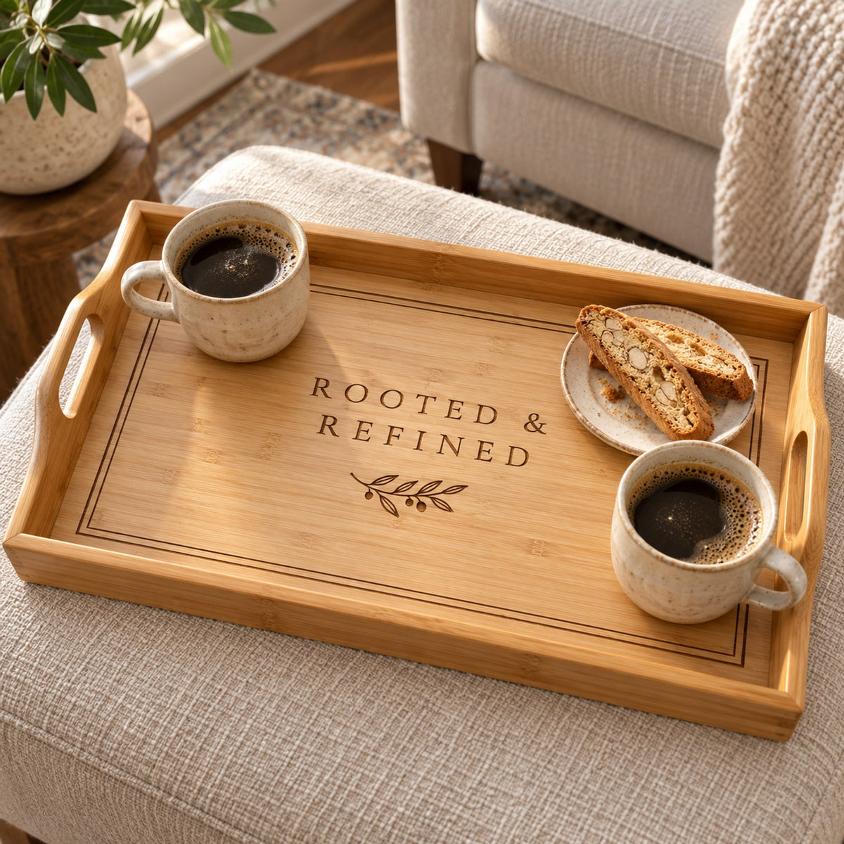 Bamboo serving tray engraved with the Rooted & Refined name and an olive sprig, with two coffees and biscotti