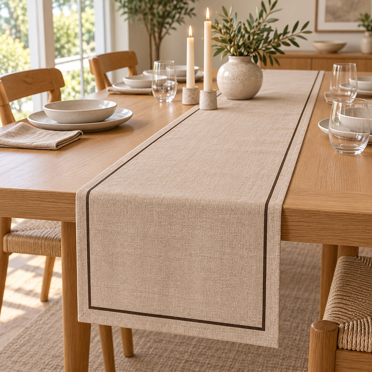Oatmeal table runner with a fine espresso border on an oak dining table with taper candles and olive branches