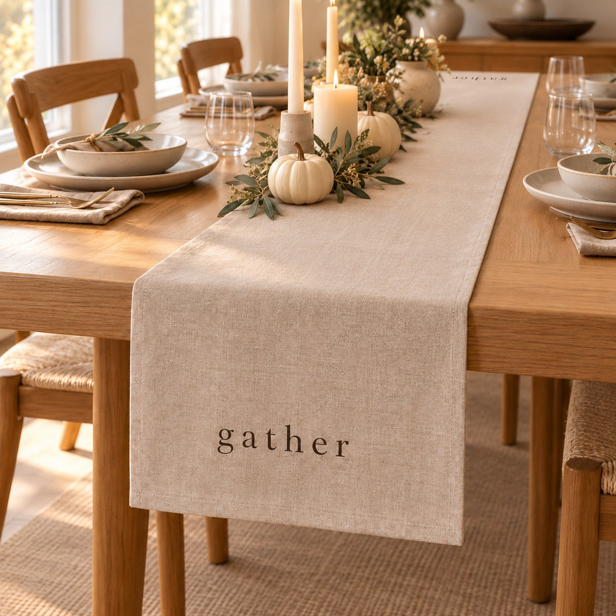 Oatmeal table runner printed with gather on a Thanksgiving table with white pumpkins, olive branches and candles