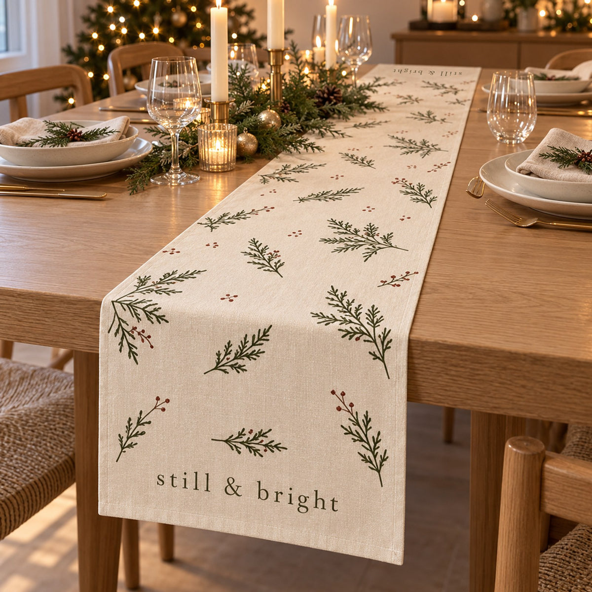 Cream Christmas table runner with pine sprigs and still & bright on a candlelit table by a Christmas tree