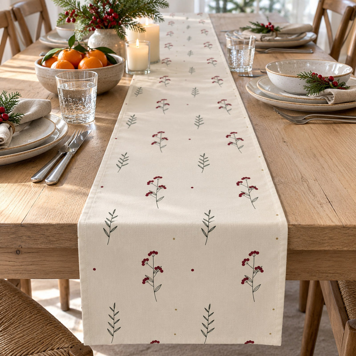 Linen table runner with red winter berries and sage sprigs on a holiday table with clementines and pine