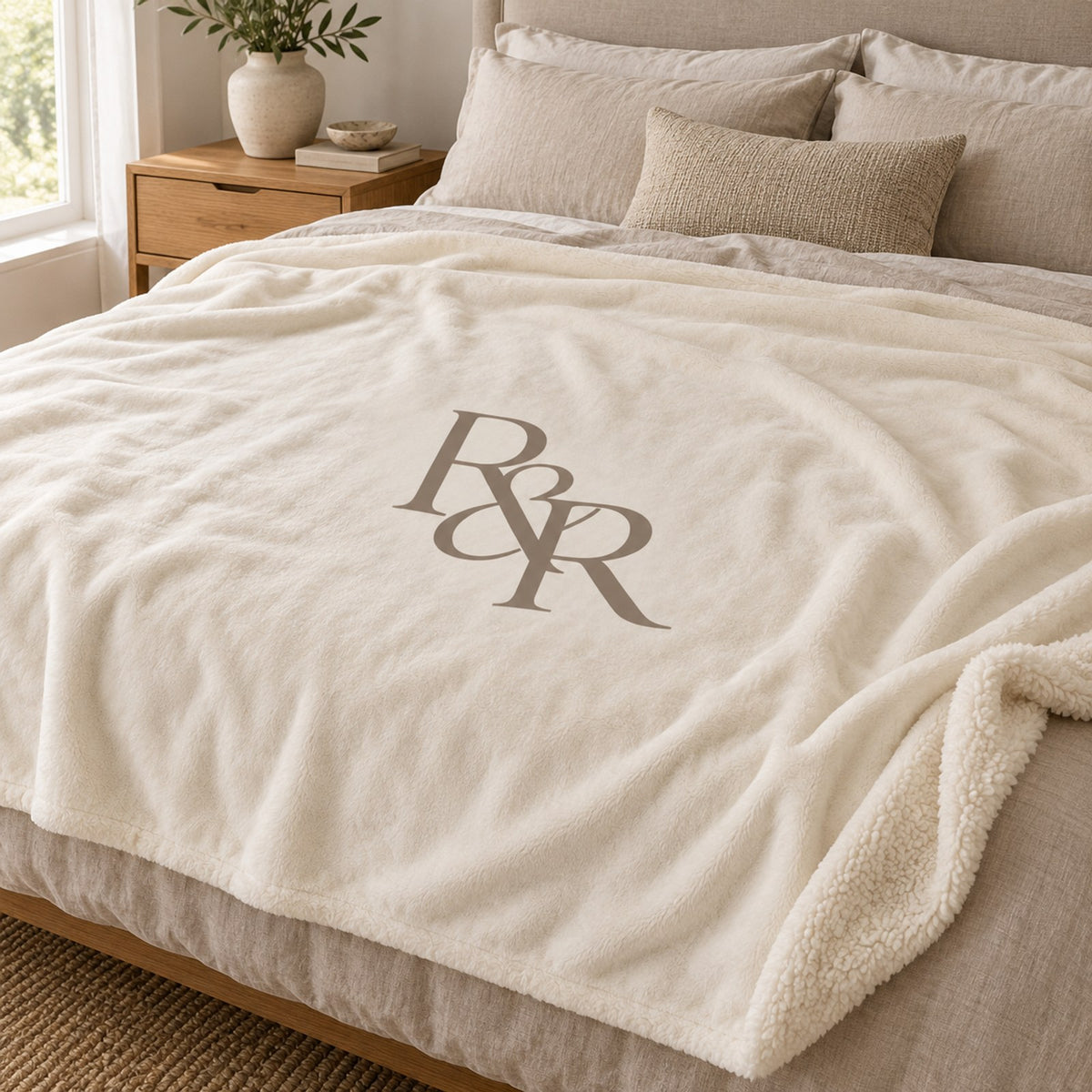 Ivory sherpa fleece blanket with a large taupe R&R monogram, spread across a neutral bed